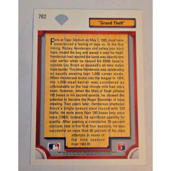 Rickey Henderson Upper Deck 1992 #782 MLB Baseball Card 1000th Stolen Base - Picture 2 of 2